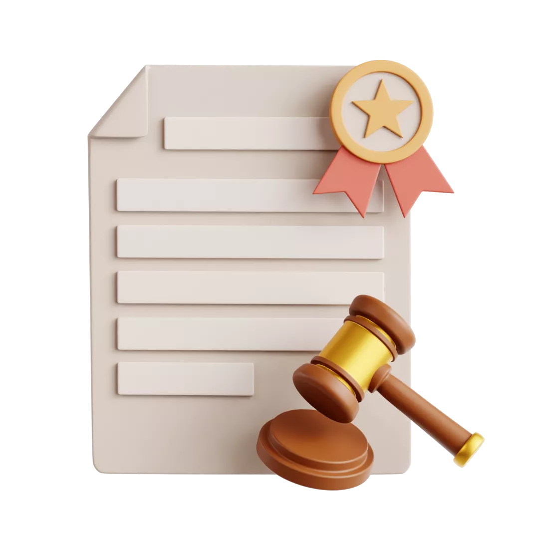 3D legal document with a ribbon badge and a judge’s gavel on transparent background